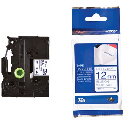 Brother P-Touch TZe-FA3 Fabric Label Tape, Blue on White, 12mmx3m Brother P-Touch TZe-FA3 Fabric Label Tape, Blue on White, 12mmx3m