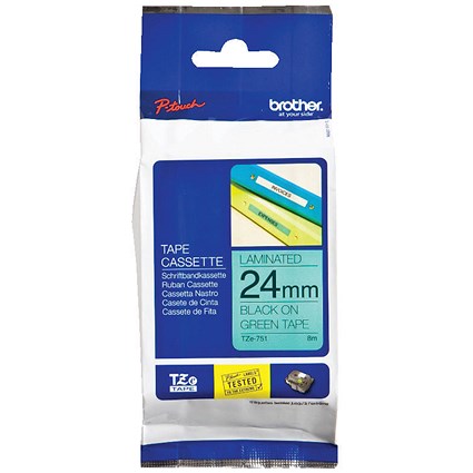 Brother P-Touch TZe-751 Label Tape, Black on Green, 24mmx8m