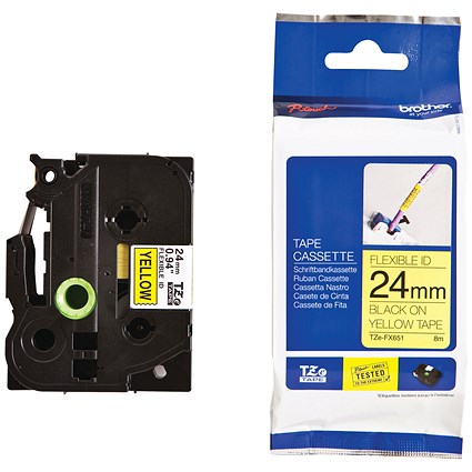 Brother P-Touch TZe-FX651 Flexible ID Label Tape, Black on Yellow, 24mmx8m