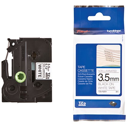 Brother P-Touch TZe-N201 Non-Laminated Label Tape, Black on White, 3.5mmx8m
