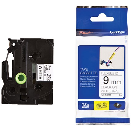 Brother P-Touch TZe-FX221 Flexible ID Label Tape, Black on White, 9mmx8m