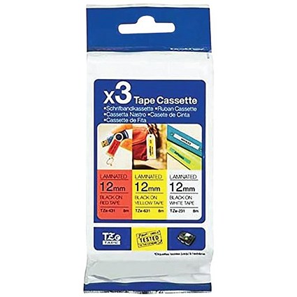 Brother P-Touch TZe-31M3 Multipack( TZe-431, TZe-631 and TZe-231) Label Tape, Black on Red, Black on Yellow and Black on White, 12mmx8m, Pack of 3