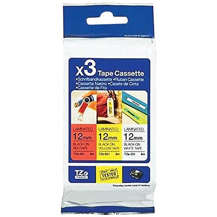 Brother P-Touch TZe-31M3 Multipack( TZe-431, TZe-631 and TZe-231) Label Tape, Black on Red, Black on Yellow and Black on White, 12mmx8m, Pack of 3 Brother P-Touch TZe-31M3 Multipack( TZe-431, TZe-631 and TZe-231) Label Tape, Black on Red, Black on Yellow and Black on White, 12mmx8m, Pack of 3