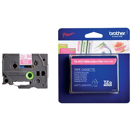 Brother P-Touch TZe-MQP35 Label Tape, White on Berry Pink, 12mmx5m