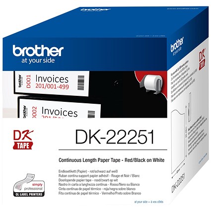 Brother DK-22251 Continuous Paper Tape, Black and Red on White, 62mmx15.24m