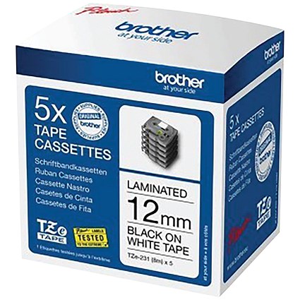 Brother P-Touch TZe-231M5 Label Tape, Black on White, 12mmx8m, Pack of 5