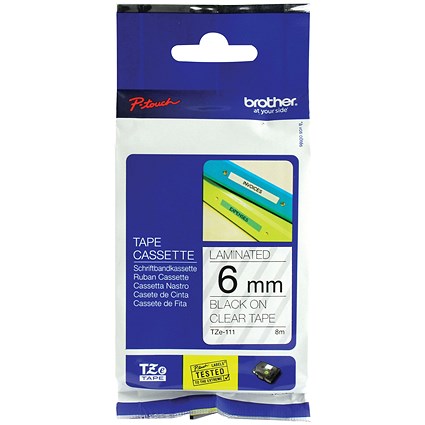 Brother P-Touch TZe-111 Label Tape, Black on Clear, 6mmx8m