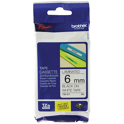 Brother P-Touch TZe-211 Label Tape, Black on White, 6mmx8m