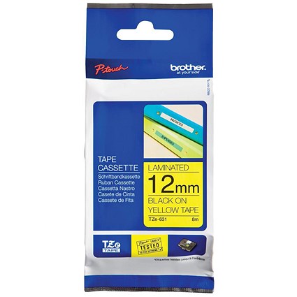 Brother P-touch TZE Label Tape, 12mmx8m, Black on Yellow, Ref TZE631