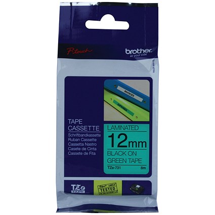 Brother P-Touch TZe Laminated Tape Cassette 12mm x 8m Black on Green Tape TZE731