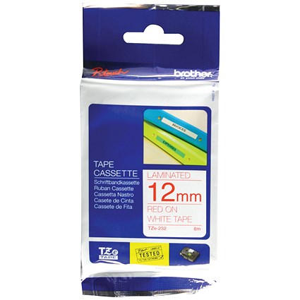 Brother P-Touch TZe-232 Label Tape, Red on White, 12mmx8m