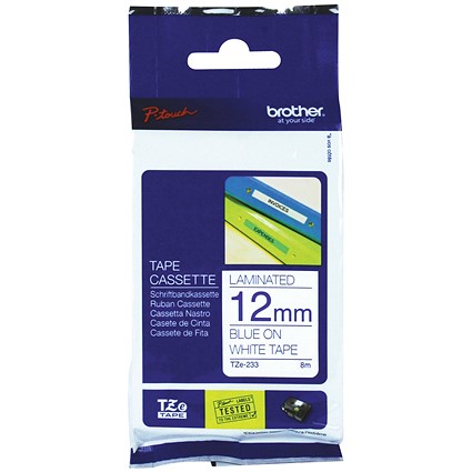 Brother P-touch TZE Label Tape, 12mmx8m, Blue on White, Ref TZE233