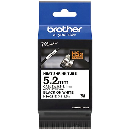Brother HSe-211E Heat Shrink Tube Tape Cassette, Black on White, 5.2mm x 1.5m