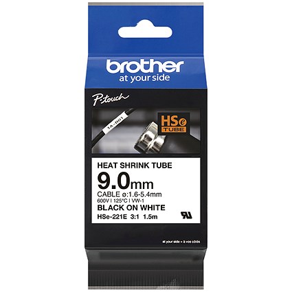 Brother HSe-221E Heat Shrink Tube Tape Cassette, Black on White, 9.0mmx 1.5m