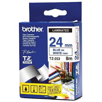 Brother P-Touch TZe-253 Label Tape, Blue on White, 24mmx8m