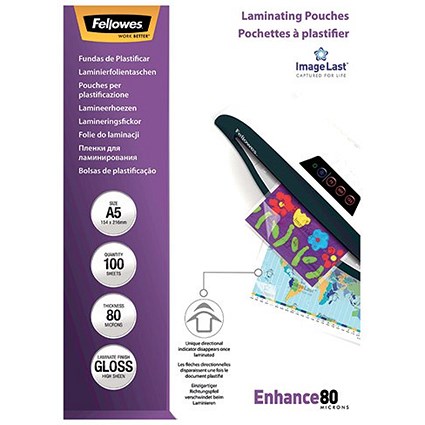Fellowes Enhance A5 Laminating Pouch, 80 Micron, Clear Gloss, Pack of 100