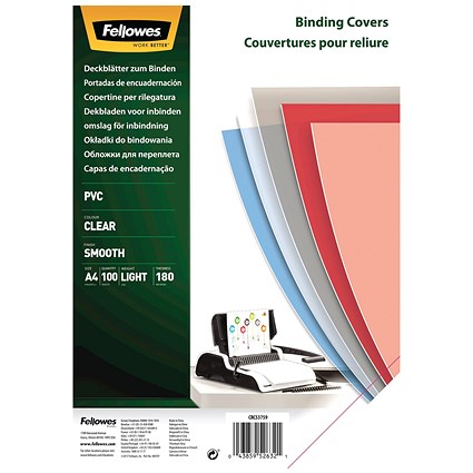 Fellowes Recycled A4 PVC Binding Covers Clear 180 Micron (Pack of 100)