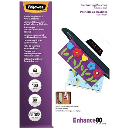 Fellowes Enhance A4 Laminating Pouches, Self Adhesive Back, 160 Microns, Glossy, Pack of 100