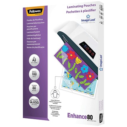 Fellowes Enhance A3 Laminating Pouches, 160 Microns, Glossy, Pack of 100