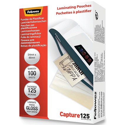 Fellowes Capture 54x86mm Laminating Pouches, 250 Microns, Glossy, Pack of 100