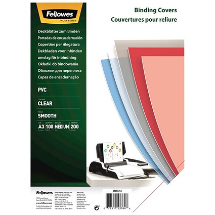 Fellowes Recycled A3 PVC Binding Covers Clear 200 Micron (Pack of 100)