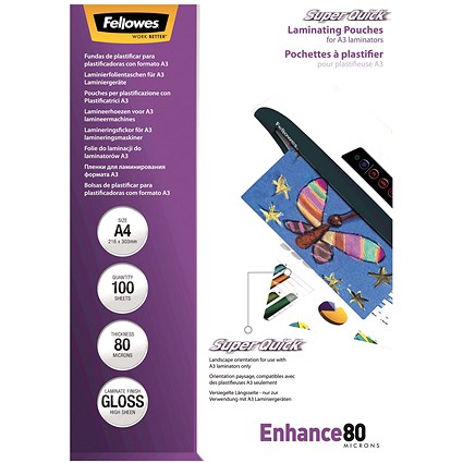 Fellowes Enhance Super Quick A4 Laminating Pouches, 160 Microns, Glossy, Pack of 100 Fellowes Enhance Super Quick A4 Laminating Pouches, 160 Microns, Glossy, Pack of 100
