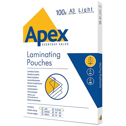 Fellowes Apex A3 Laminating Pouches, 150 Microns, Glossy, Pack of 100