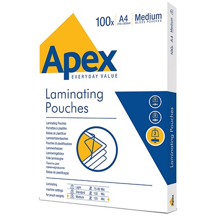 Fellowes Apex A4 Laminating Pouches, 250 Microns, Glossy, Pack of 100