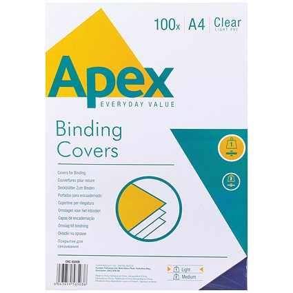 Fellowes Apex Lightweight PVC Binding Covers, 140 micron, Clear, A4, Pack of 100