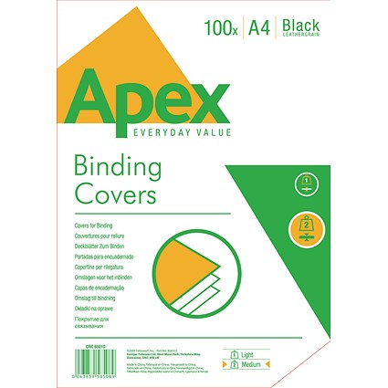 Fellowes Apex Binding Covers, 230gsm, Leathergrain, Black, A4, Pack of 100