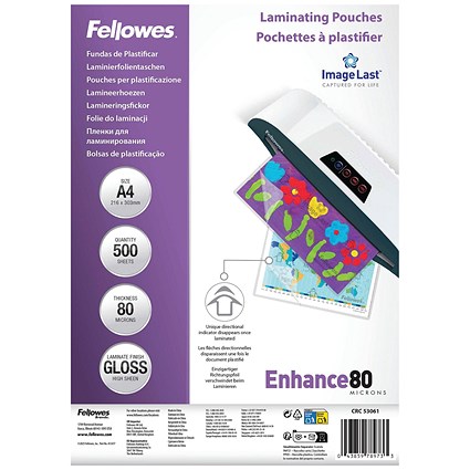 Fellowes Laminating Pouches 160 Micron Total Thickness Gloss A4 (Pack of 500)