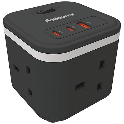 Fellowes Power Cube Type G UK/IE 3 Sockets 1 USB-A + 2 USB-C Ports Black