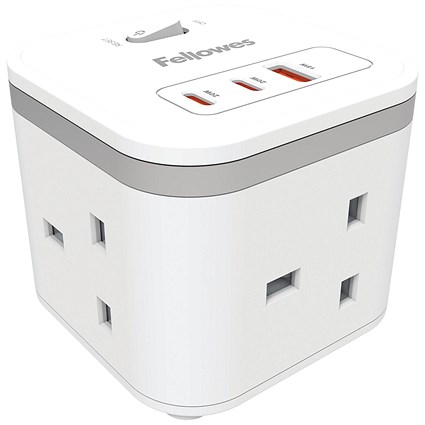 Fellowes Power Cube Type G UK/IE 3 Sockets 1 USB-A + 2 USB-C Ports White