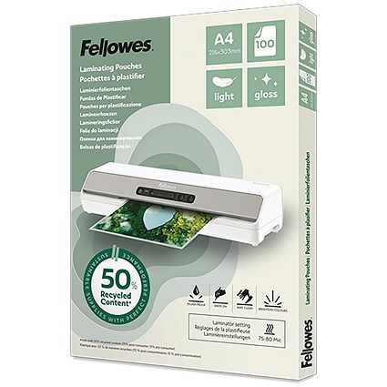 Fellowes Recycled Laminating Pouches 80 Micron A4 Gloss (Pack of 100)