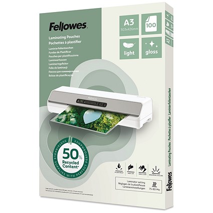 Fellowes Recycled Laminating Pouches 80 Micron A3 Gloss (Pack of 100)