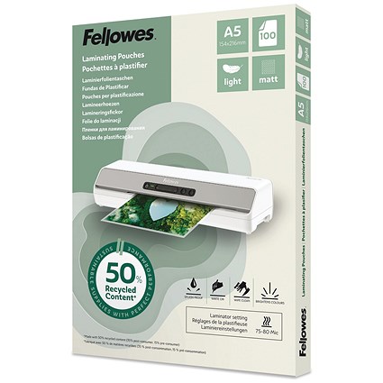 Fellowes Recycled Laminating Pouches 80 Micron A5 Matt (Pack of 100)