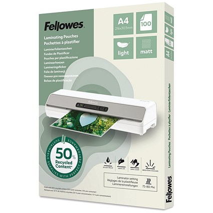Fellowes Recycled Laminating Pouches 80 Micron A4 Matt (Pack of 100)