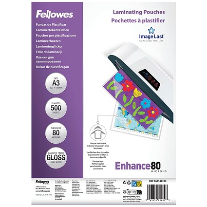 Fellowes Laminating Pouches 160 Micron Total Thickness Gloss A3 (Pack of 500)