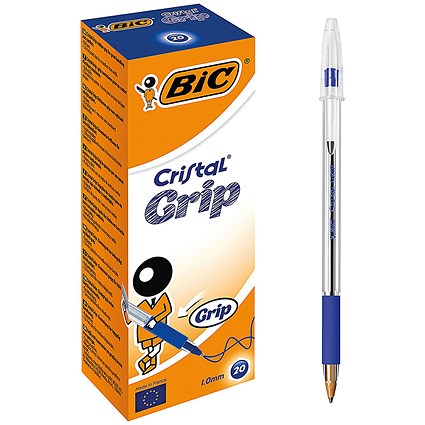 Bic Cristal Grip Ball Pen, Clear Barrel, Blue, Pack of 20