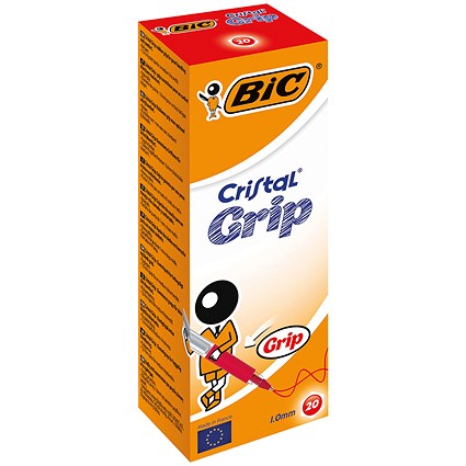 Bic Cristal Grip Ball Pen, Clear Barrel, Red, Pack of 20