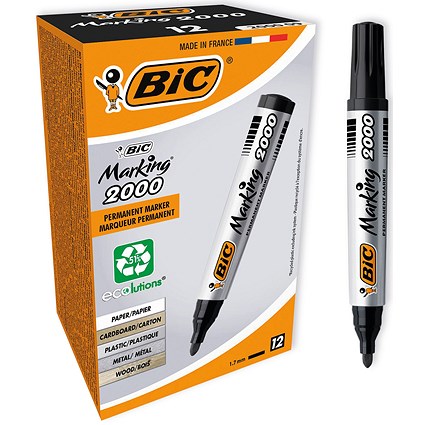 Bic Marking 2000 Permanent Marker, Bullet Tip, Black, Pack of 12