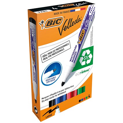 Bic Velleda 1701 Whiteboard Marker, Bullet Tip, Assorted Colours, Pack of 4