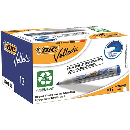 Bic Velleda 1701 Whiteboard Marker, Bullet Tip, Blue, Pack of 12