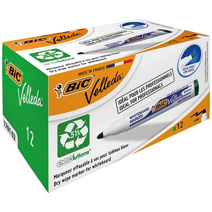 Bic Velleda 1701 Whiteboard Marker, Bullet Tip, Green, Pack of 12
