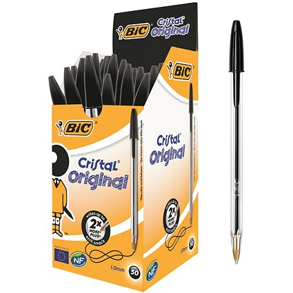 Bic Cristal Ball Pen, Clear Barrel, Black, Pack of 50