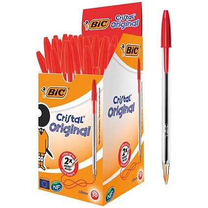 Bic Cristal Ball Pen, Clear Barrel, Red, Pack of 50