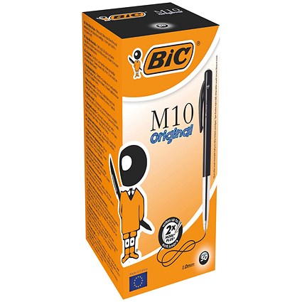 Bic M10 Clic Ball Pen Retractable, Black, Pack of 50