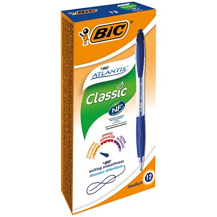 Bic Atlantis Ball Pen, Retractable, Cushioned Grip, 0.4mm Line, Blue, Pack of 12,