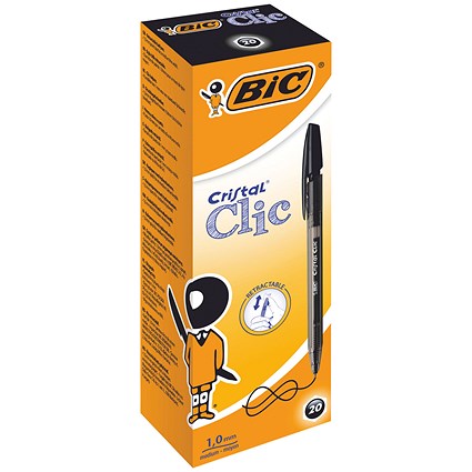 BIC Cristal Clic Ball Pen, Retractable, Medium Point, Black, Pack of 20