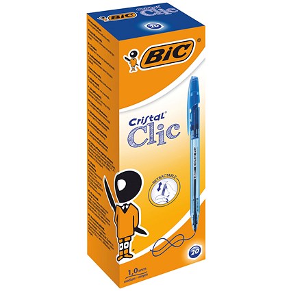 BIC Cristal Clic Ball Pen, Retractable, Medium Point, Blue, Pack of 20